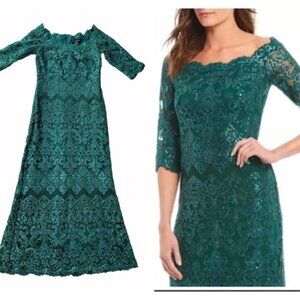 Tadashi Shoji Emerald Green Long Dress 8 Lace Sequin Elegant Liam Off Shoulder